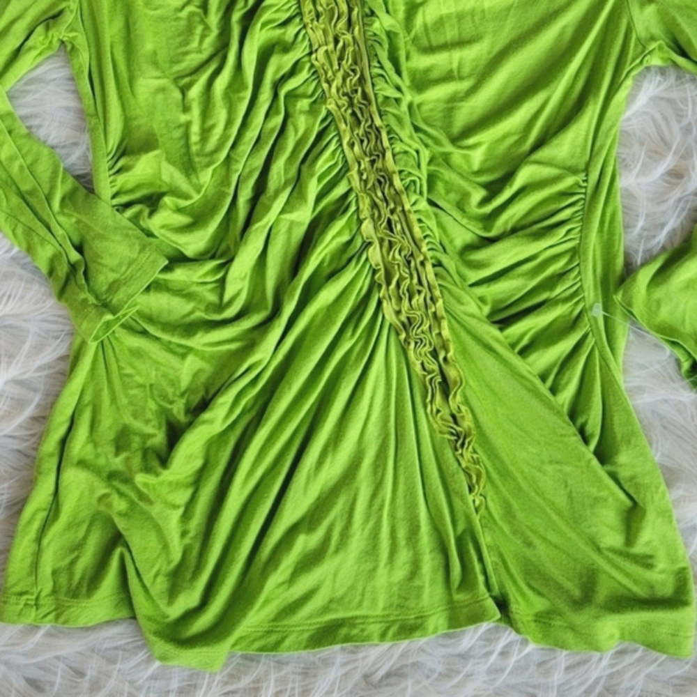 Green Ruched Ruffle Tunic Blouse Colour Works XL - Picture 3 of 6
